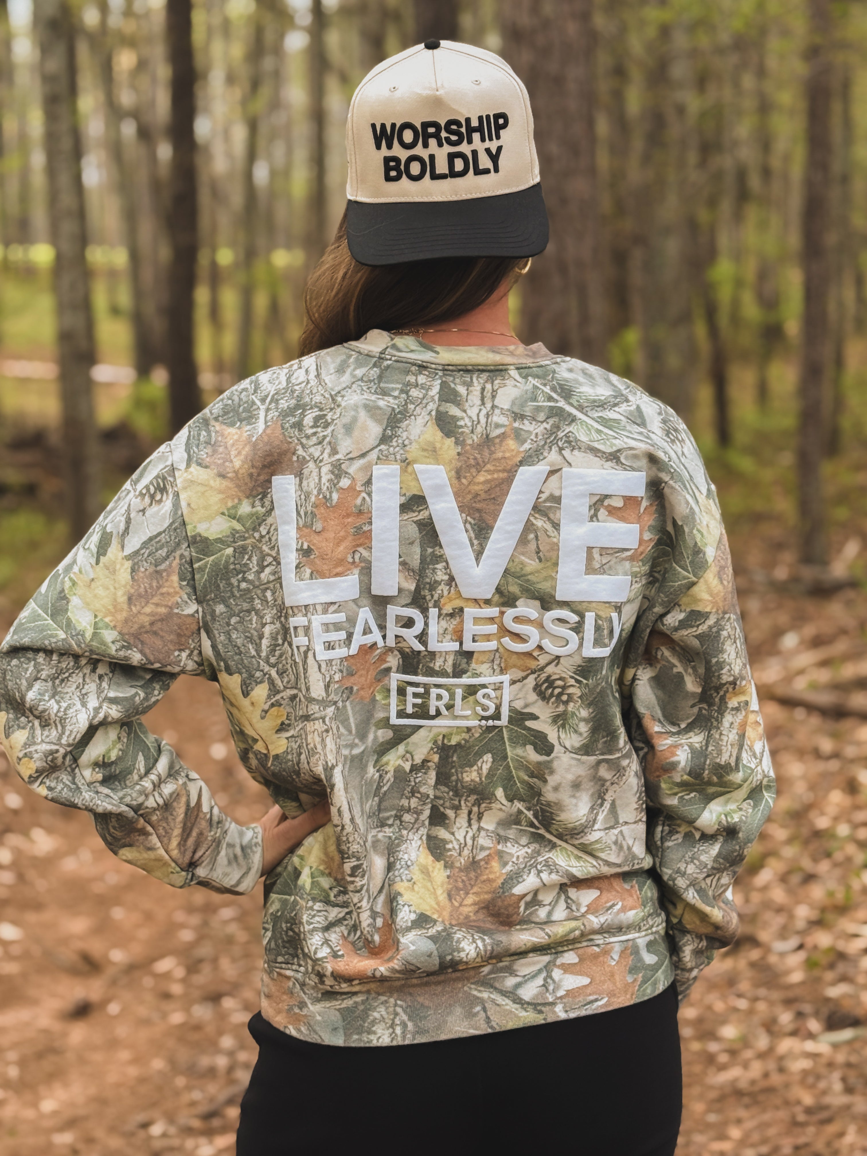Worship Boldly Puff Print Camo Crew