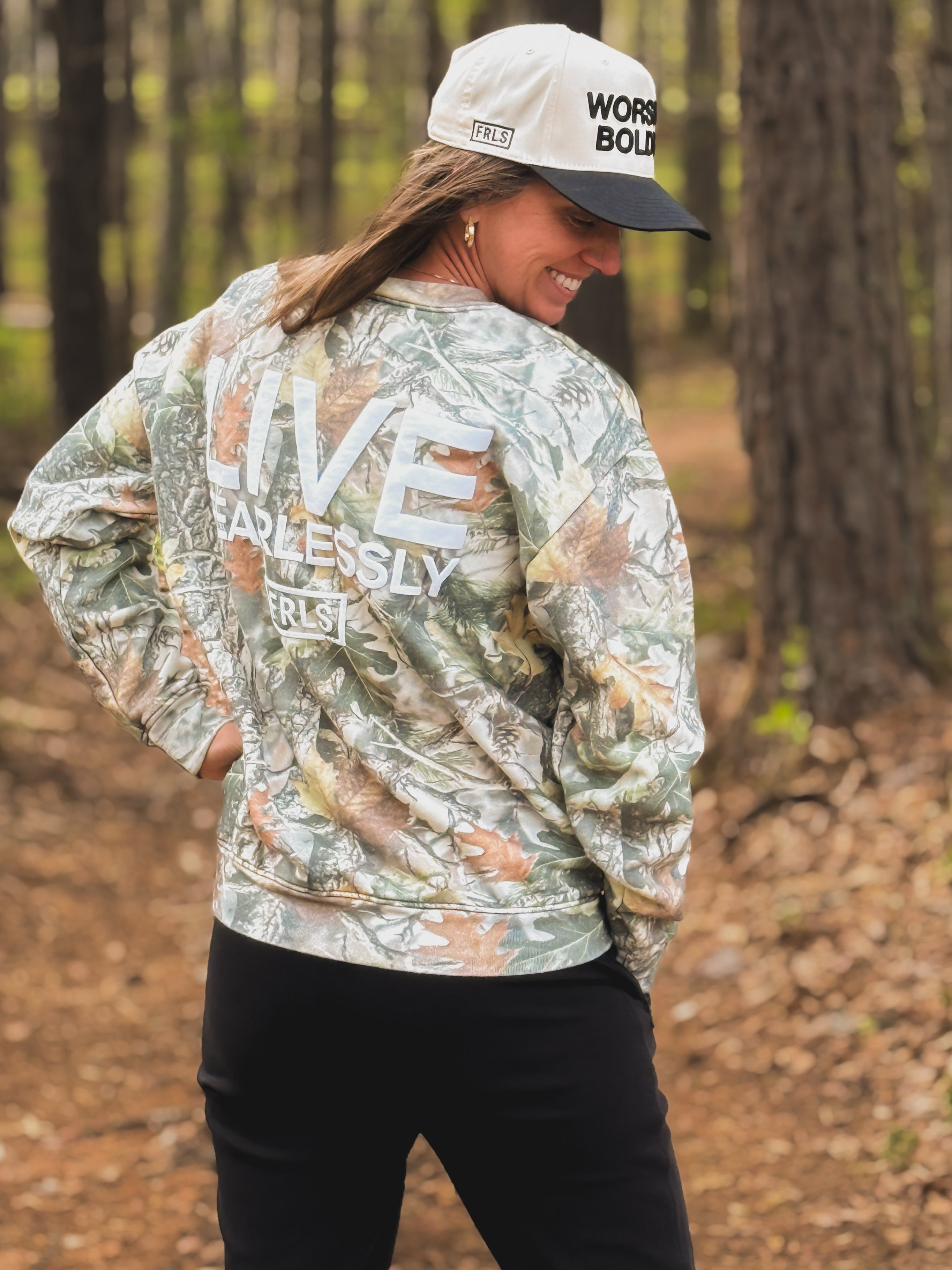 Worship Boldly Puff Print Camo Crew