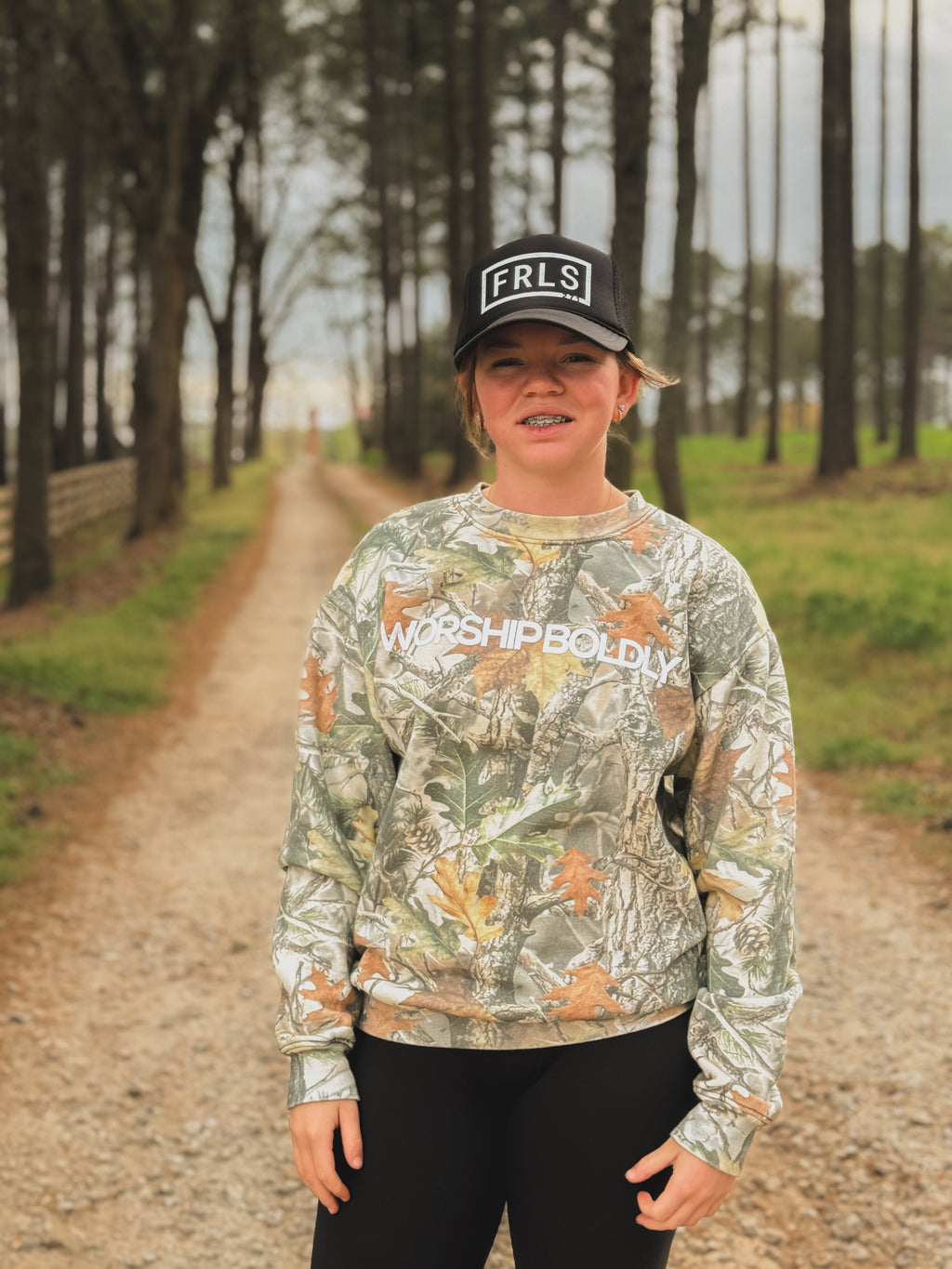 Worship Boldly Puff Print Camo Crew