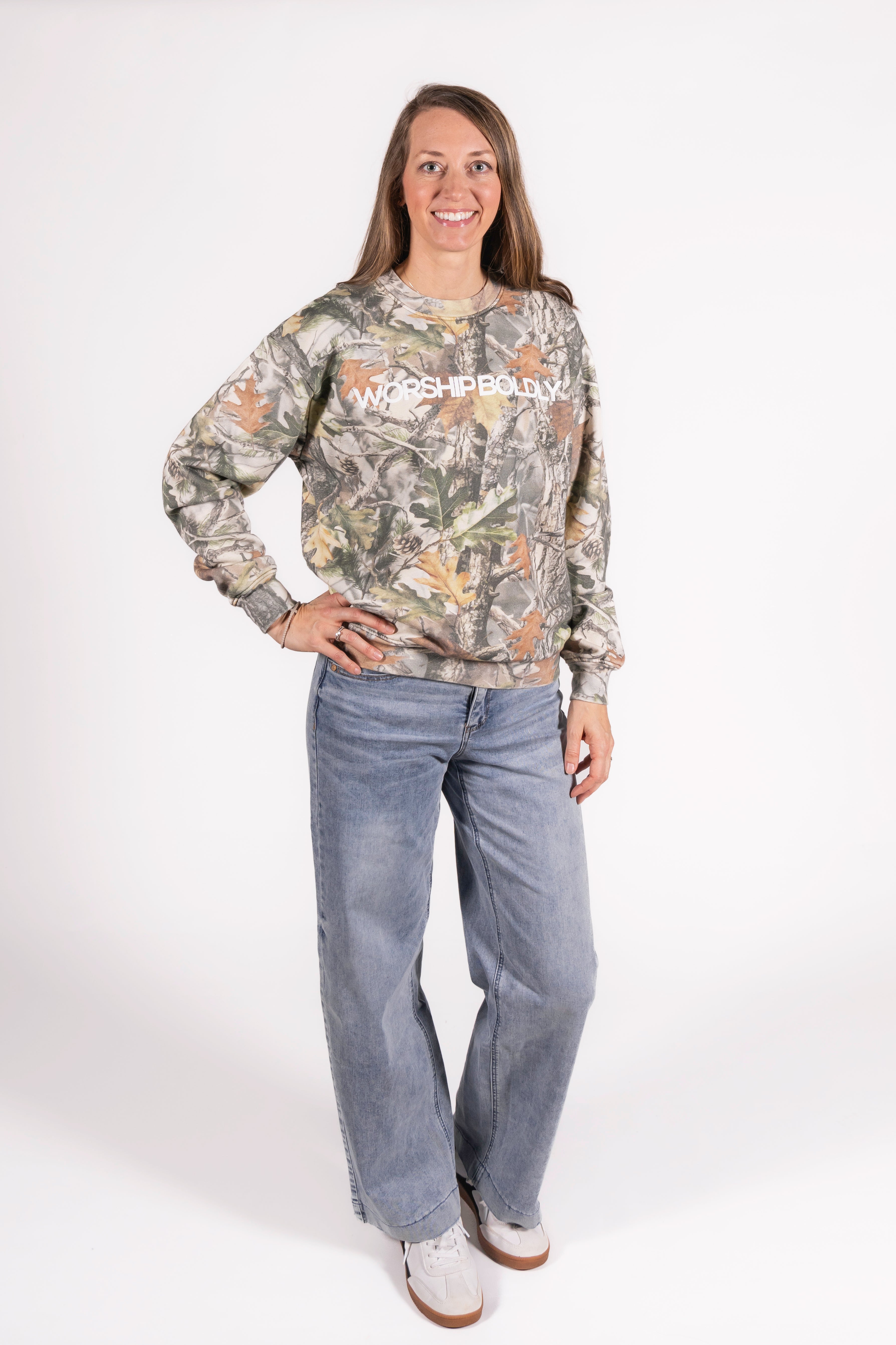 Worship Boldly Puff Print Camo Crew