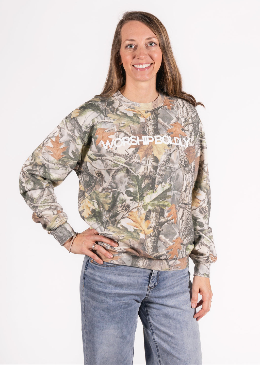 Worship Boldly Puff Print Camo Crew